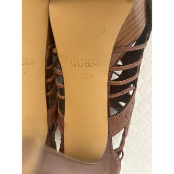 Guess Cage High Heels Stiletto Sandals Women's Size 7.5M Leather Brown Peep Toe - Picture 8 of 9